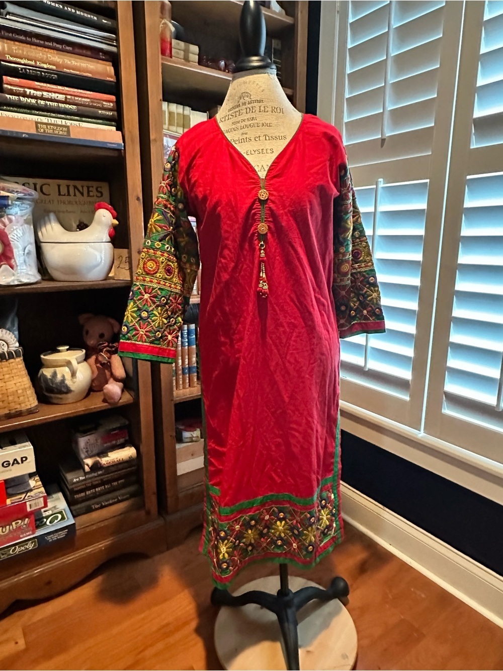 Embroidered Red Ethnic Midi Dress with Colorful Sleeve Detail